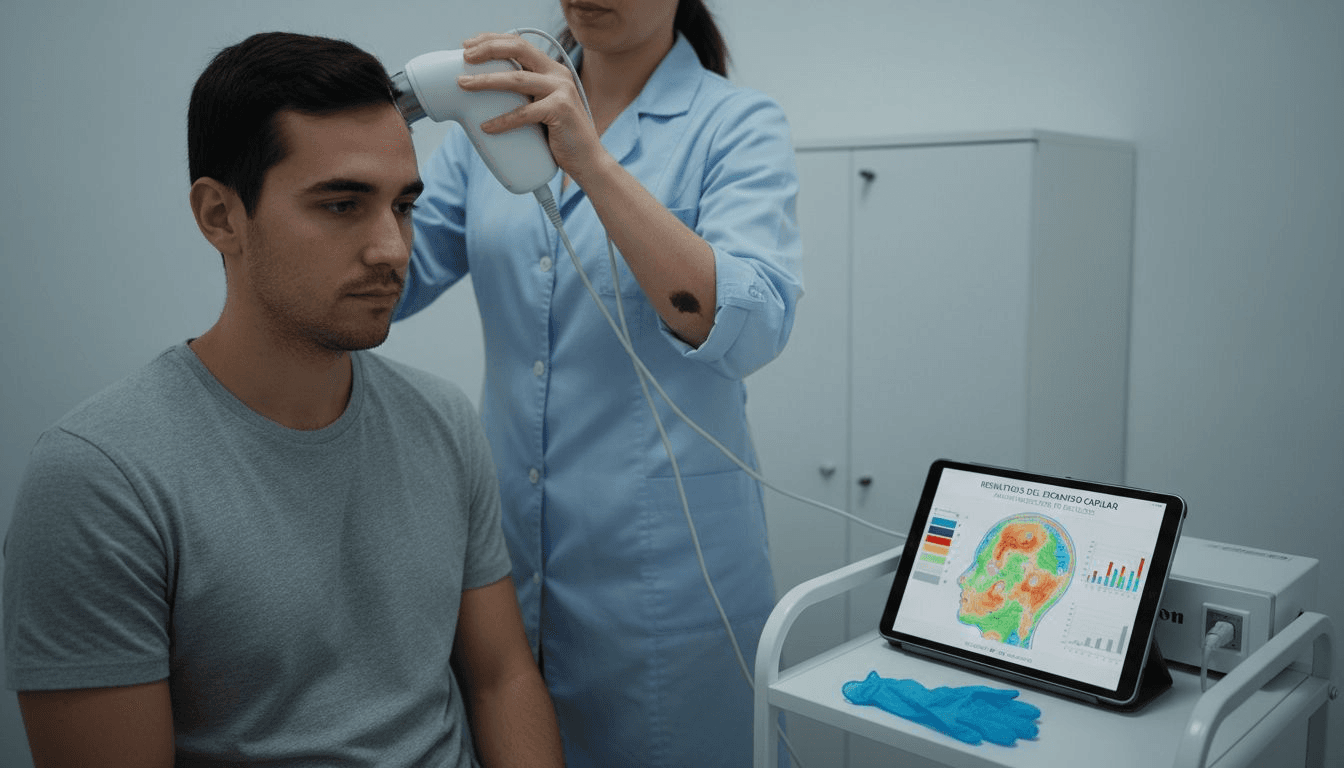 Especialista analiza el cabello utilizando un dispositivo de inteligencia artificial.