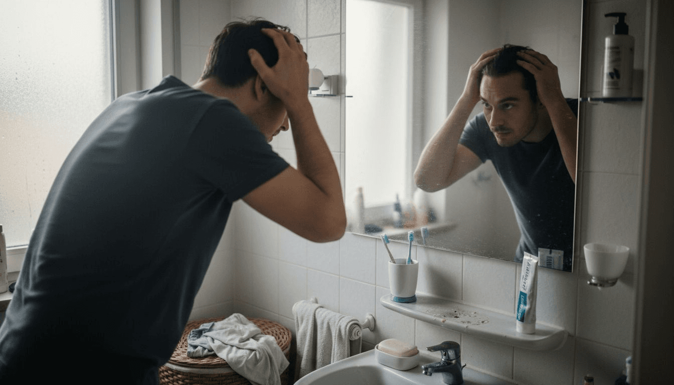 Ein Mann begutachtet besorgt seinen Haarausfall vor dem Badezimmerspiegel.