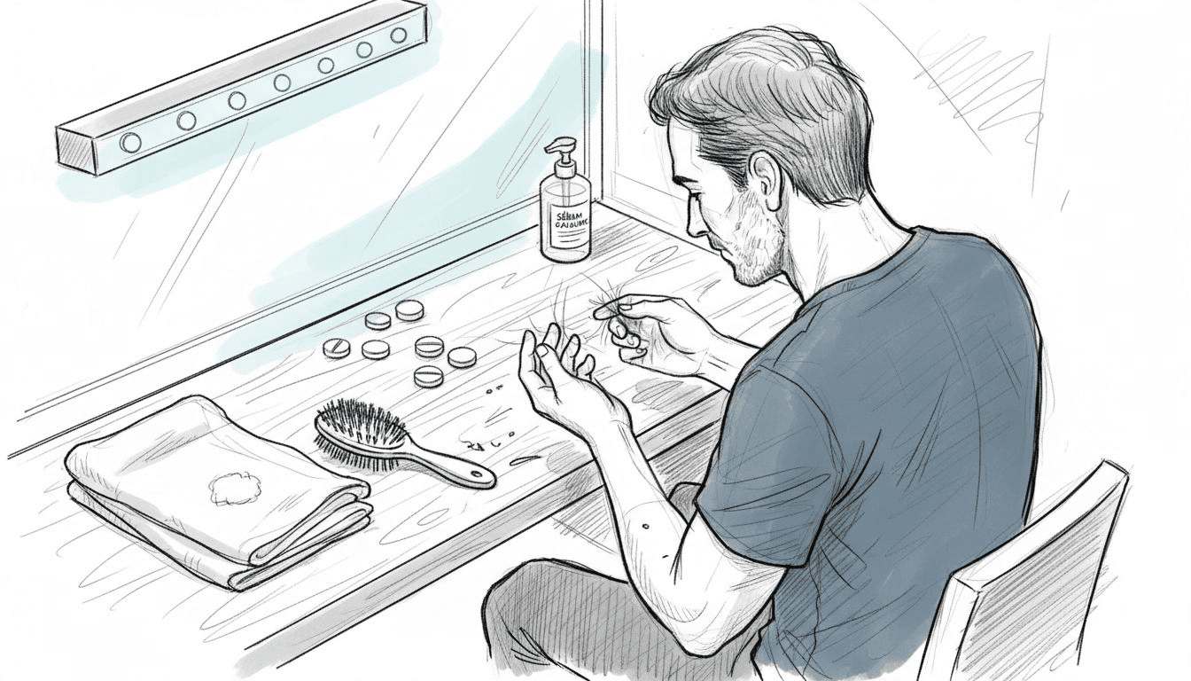 Un homme se regarde dans le miroir de sa salle de bain, scrutant attentivement sa chevelure qui commence à se clairsemer.