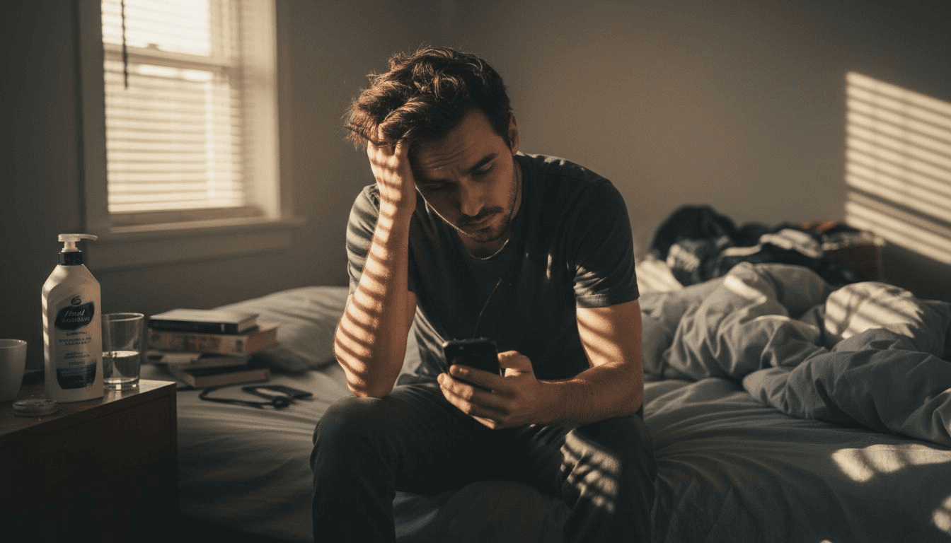 Man stressed and scratching scalp