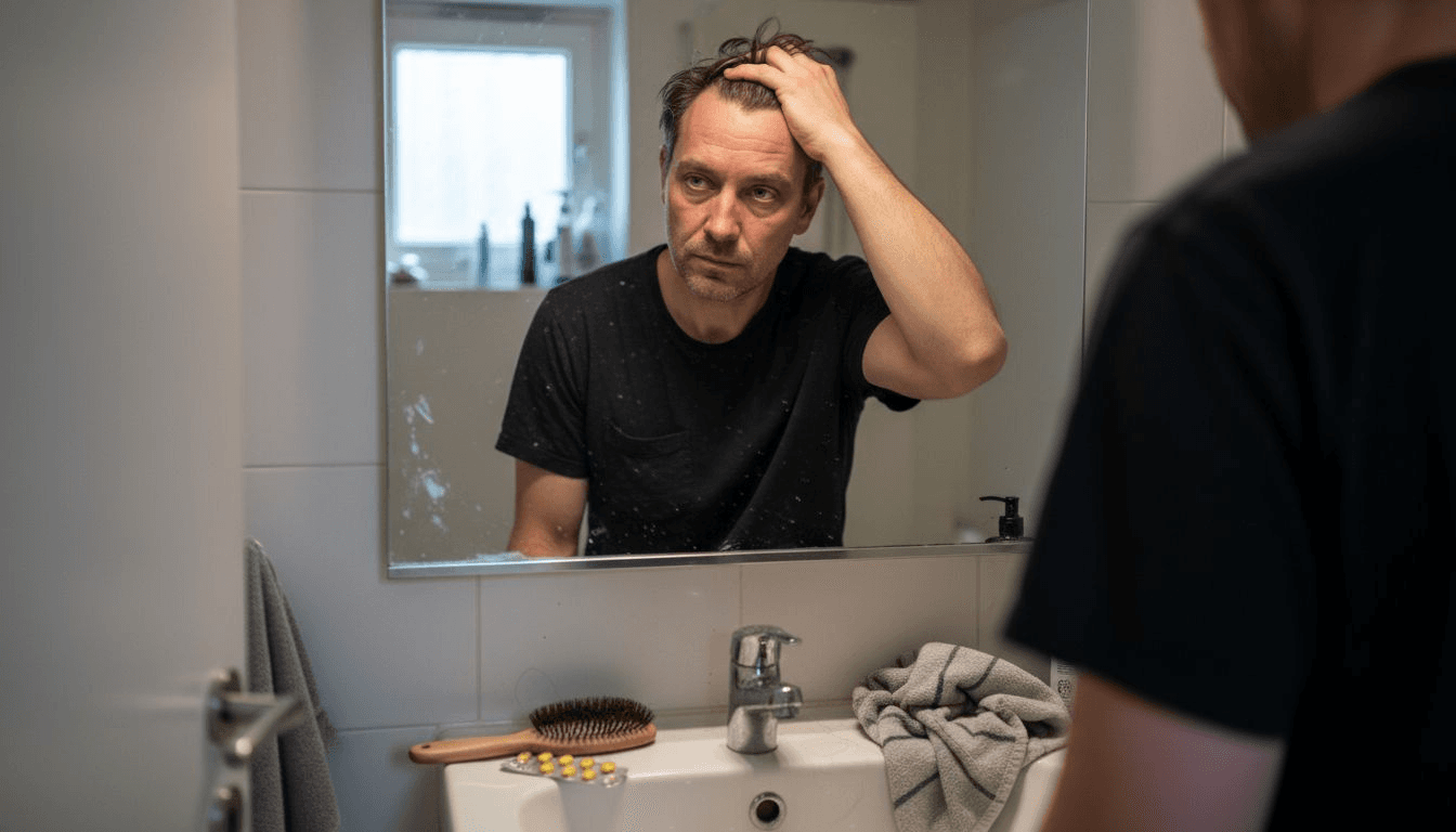 Mann untersucht sein Haar auf Anzeichen von Proteinmangel