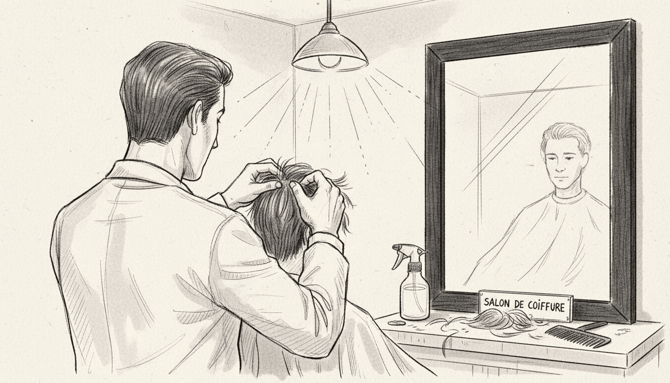 Le coiffeur observe minutieusement le cuir chevelu de son client.