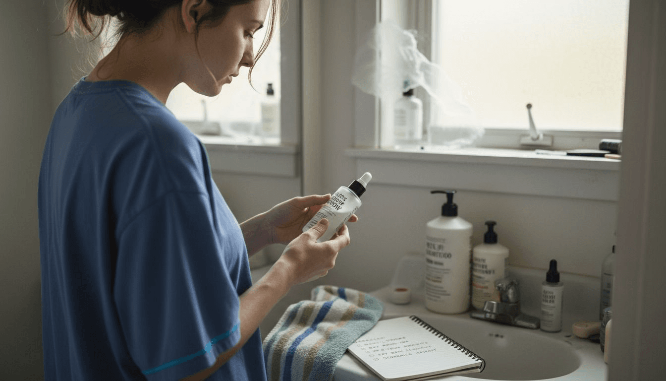 Woman reading hair product label in bathroom
