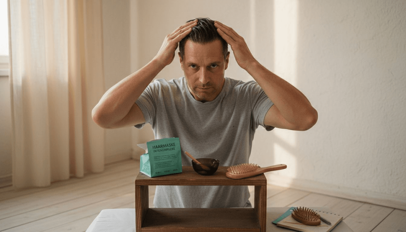 Ein Mann pflegt sein Haar mit speziellen Produkten – und das ganz entspannt im Schlafzimmer.