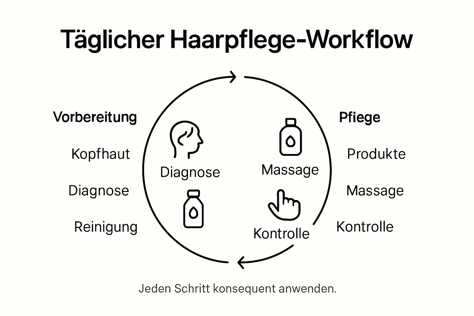 Die Infografik veranschaulicht, wie eine effektive Haarpflegeroutine im Alltag aussehen kann – Schritt für Schritt erklärt.