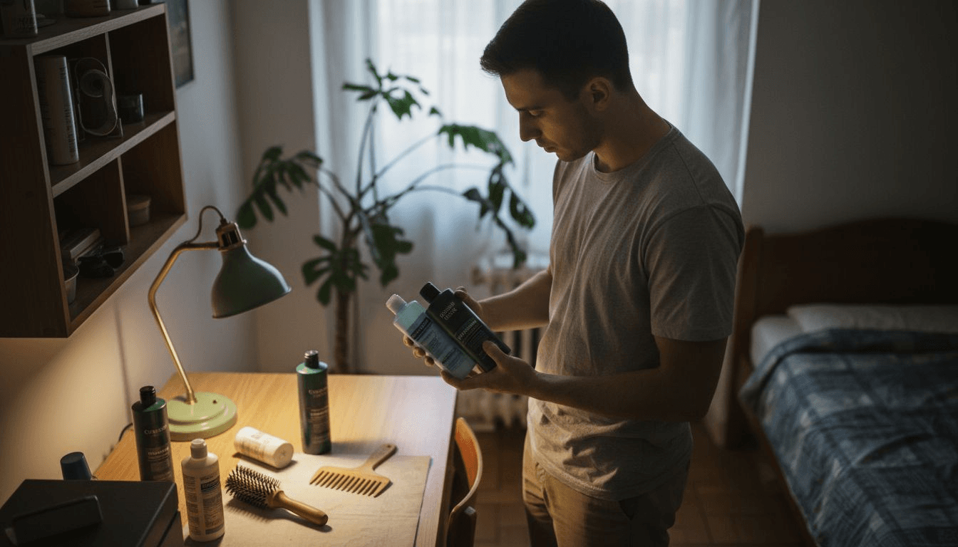 Una persona selecciona los productos que va a usar en su rutina de cuidado capilar.