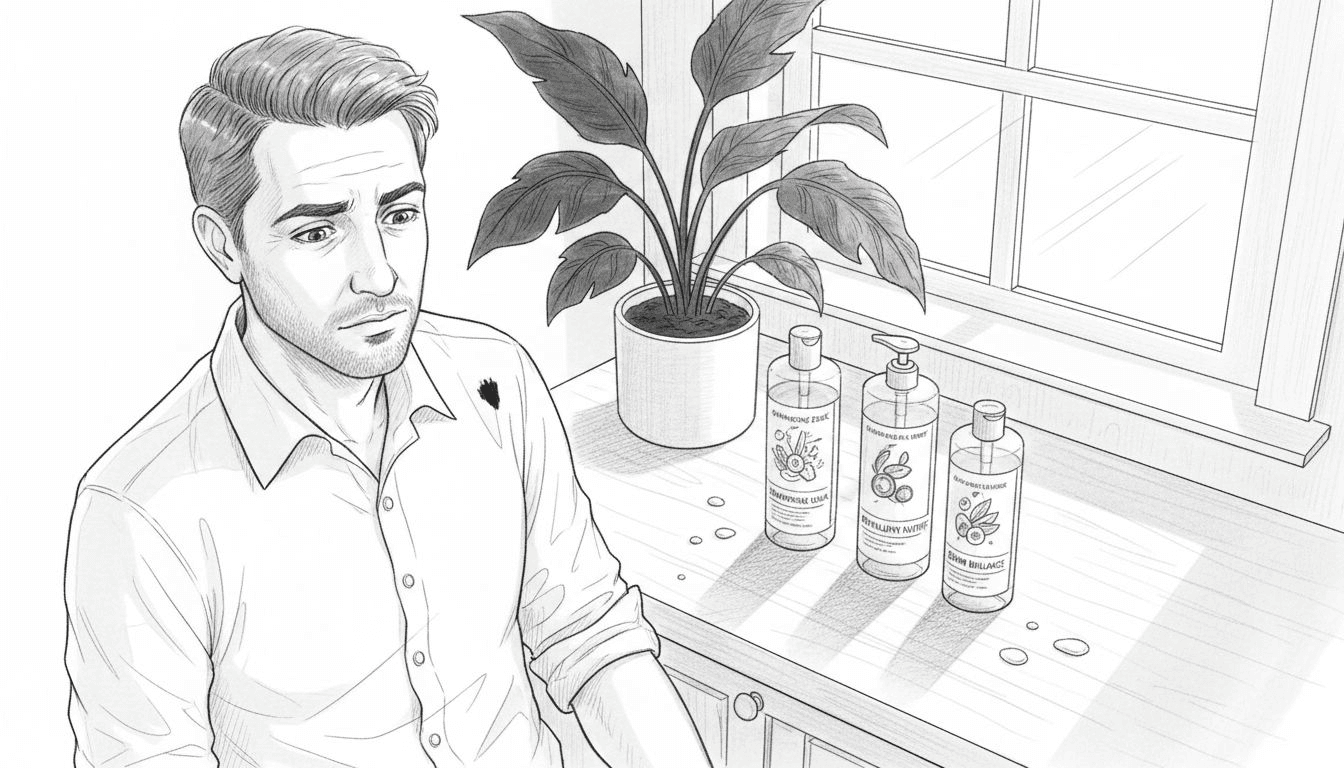 Un homme en pleine hésitation devant différents soins capillaires, cherchant celui qui conviendra le mieux à ses cheveux.