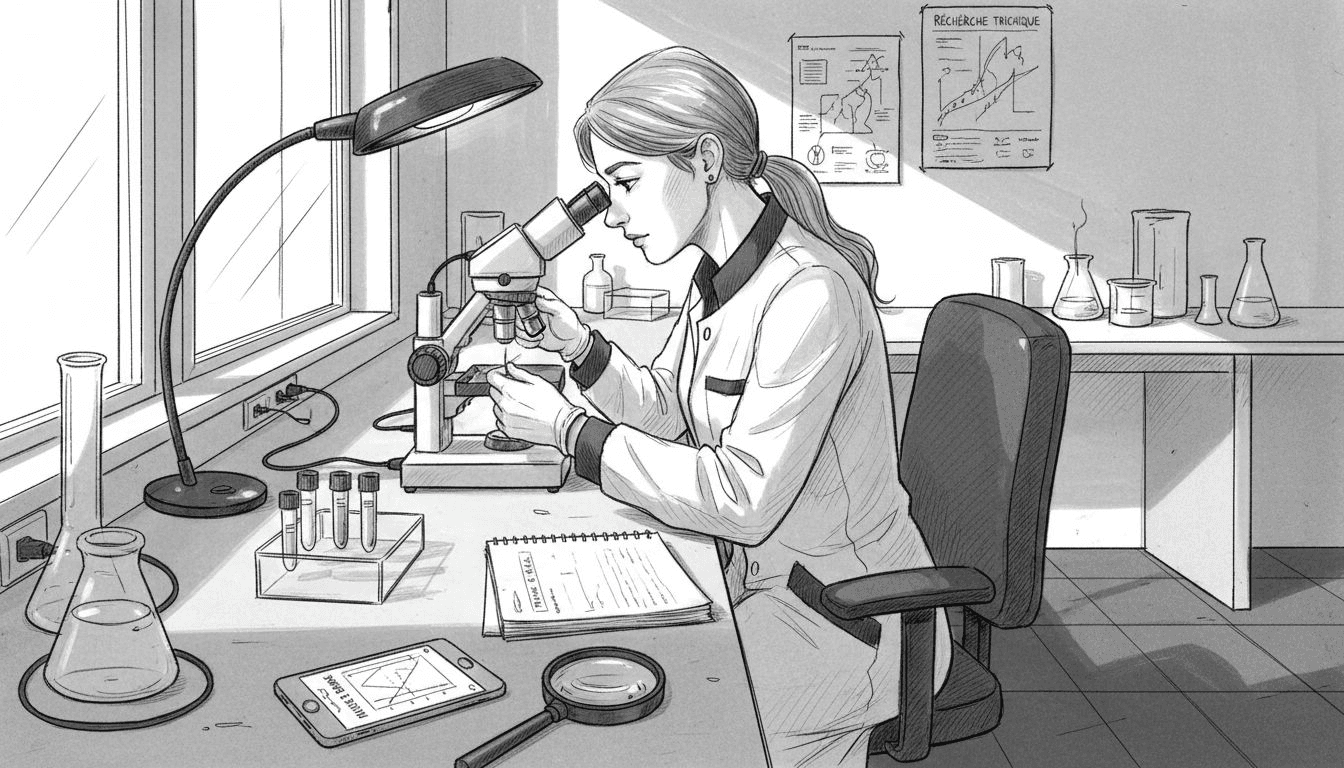 Une spécialiste examine des échantillons de cheveux à l’aide d’un microscope.