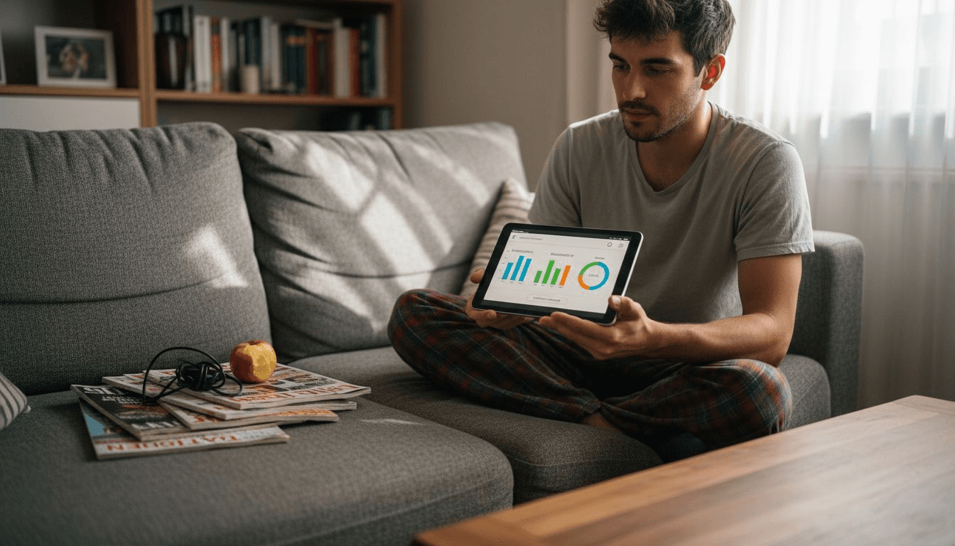 Ein Mann analysiert mithilfe eines Tablets seine Haardaten, die in übersichtlichen Diagrammen dargestellt werden.