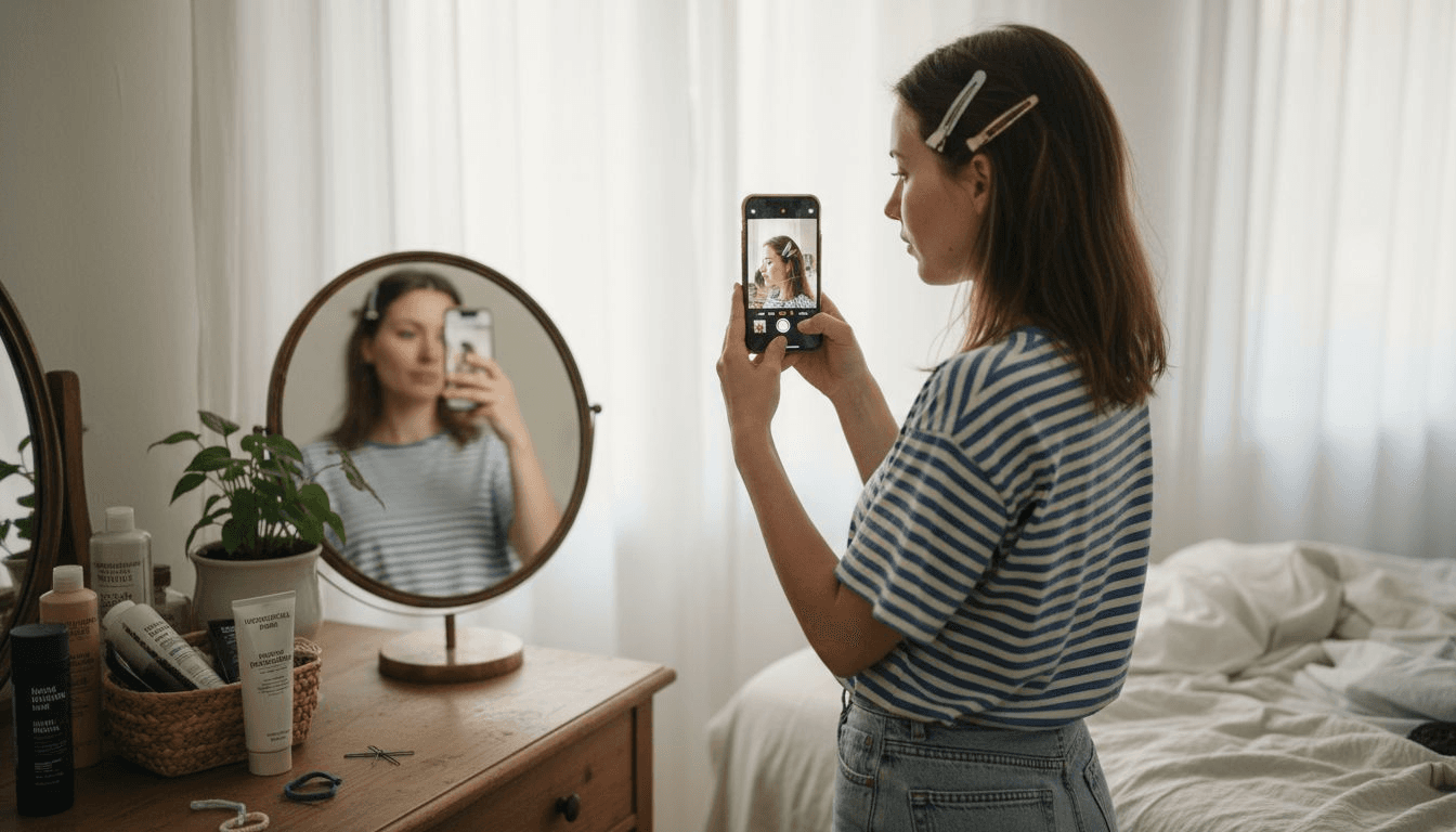Eine Frau macht ein Foto von ihren Haaren vor dem Spiegel im Schlafzimmer.