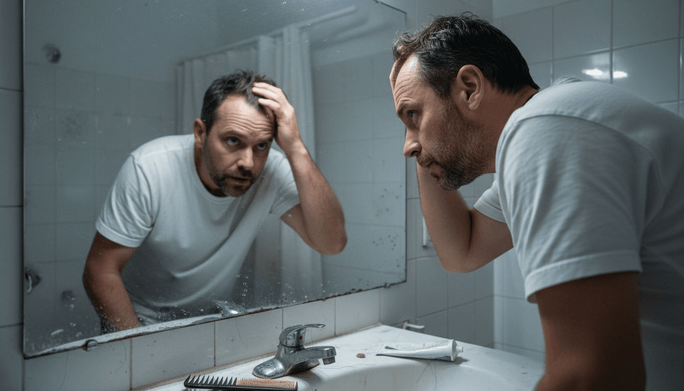 Un hombre se examina el cuero cabelludo frente al espejo del baño.