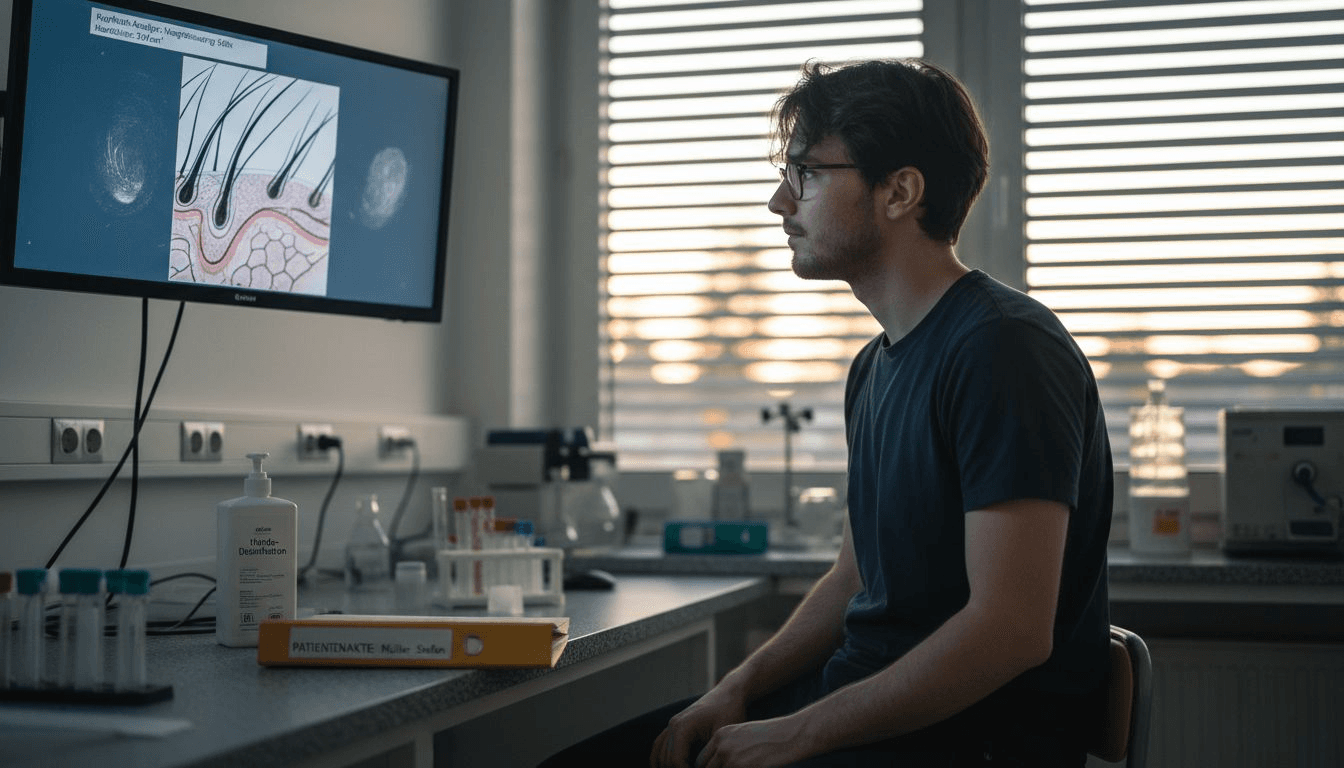 Der Patient verfolgt gespannt die Untersuchung seiner Kopfhaut auf dem Bildschirm.