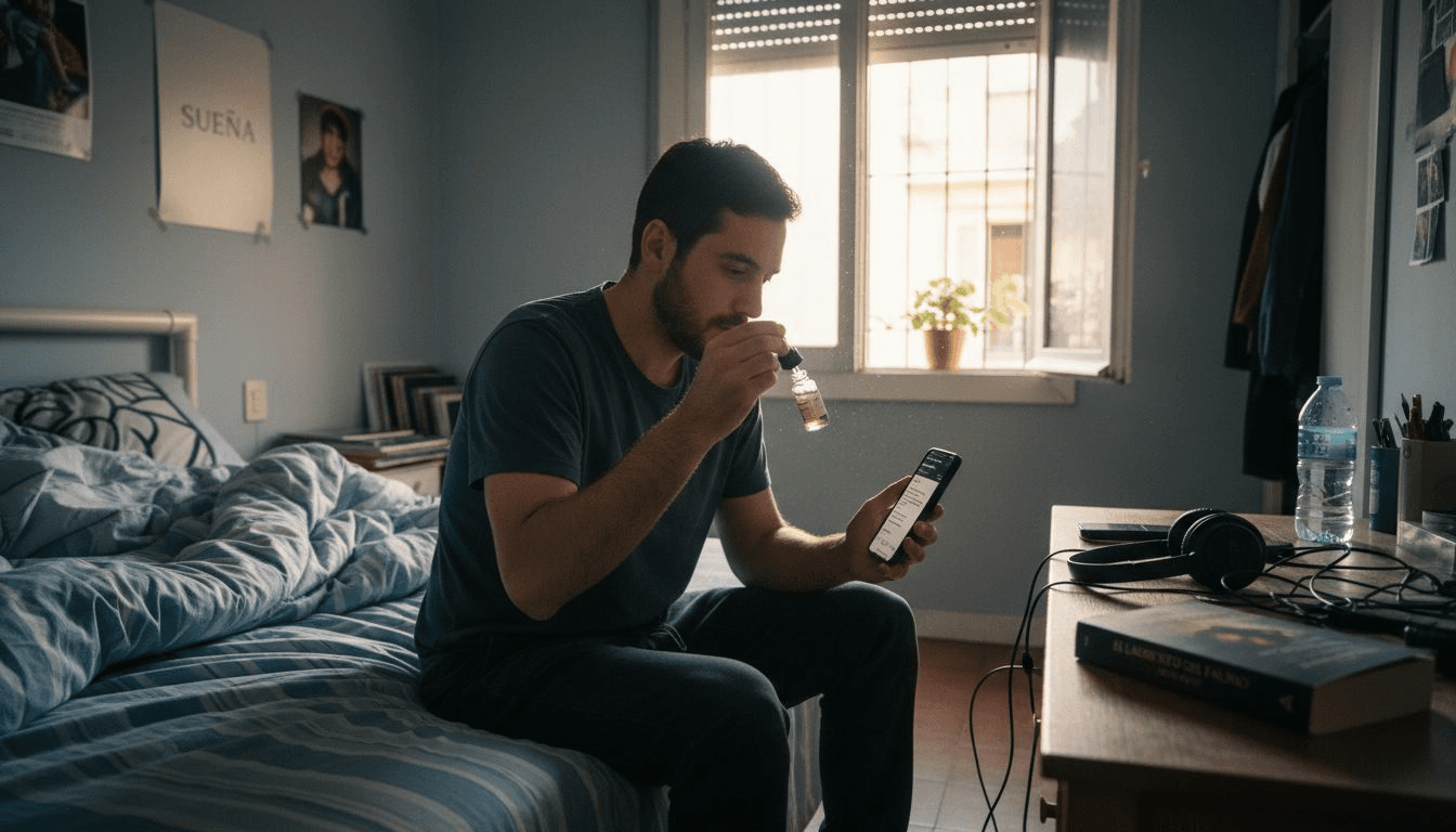 Hombre aplicándose sérum capilar mientras está sentado en la cama