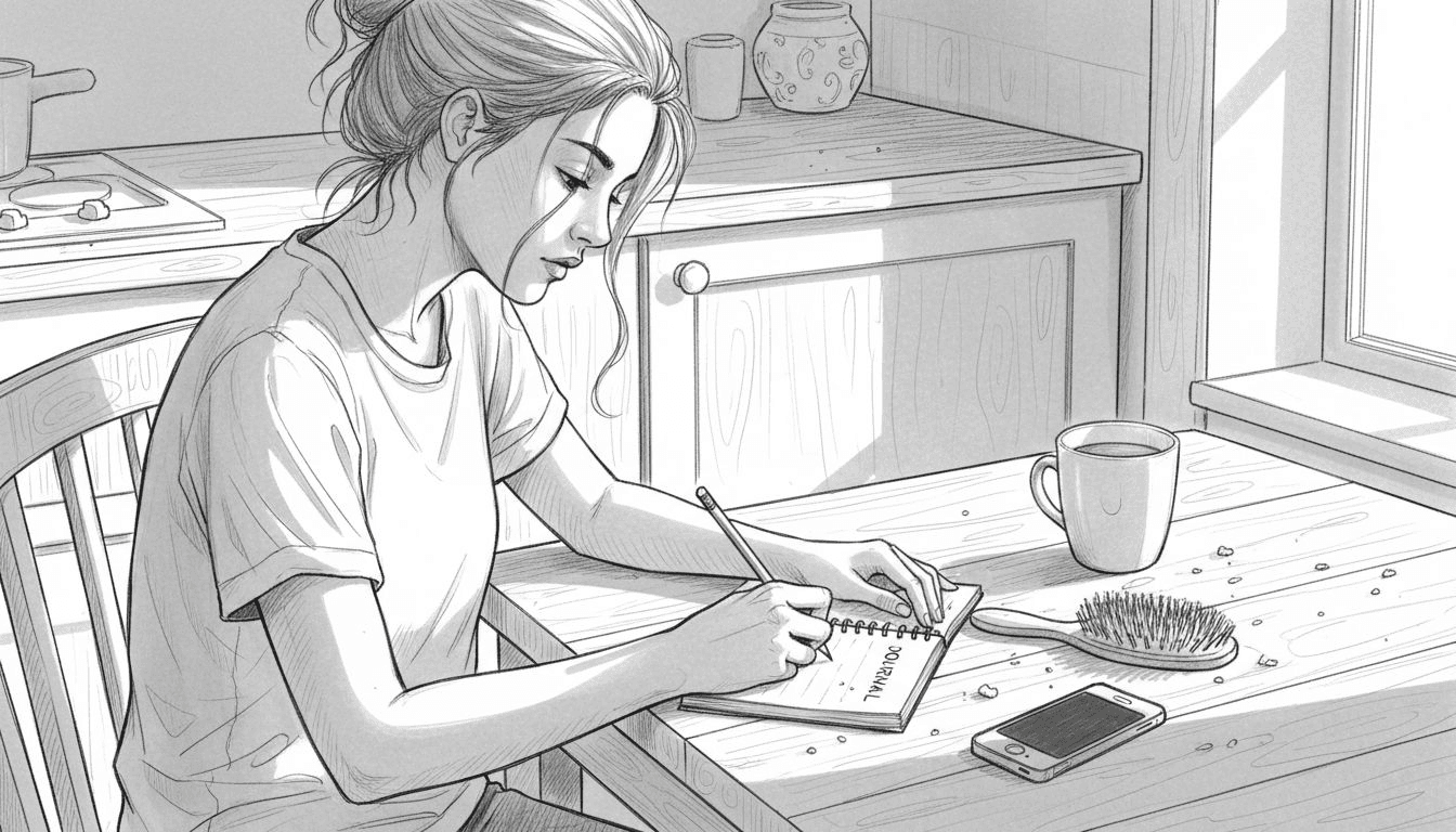 Une femme prend des notes dans son carnet pour suivre l’évolution de sa routine capillaire.