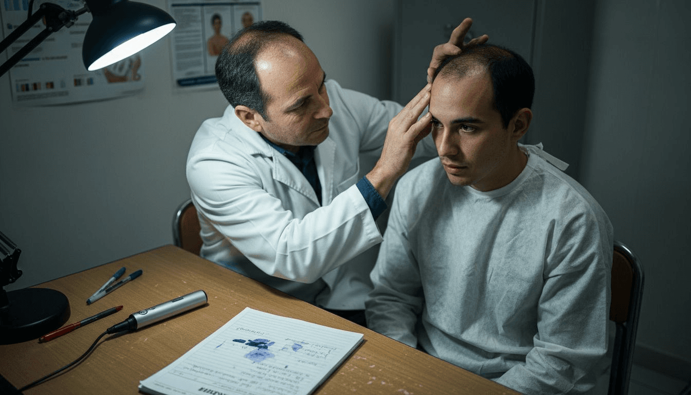 El dermatólogo examina cuidadosamente el cuero cabelludo del paciente en consulta.