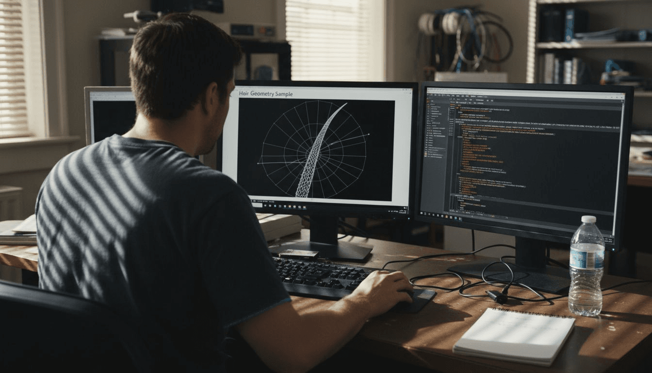 Technician reviews 3D model of hair strand