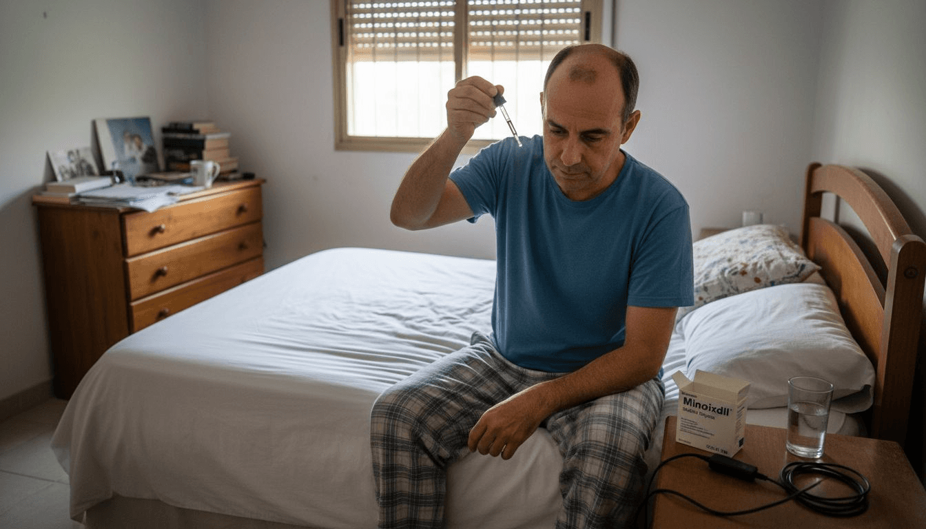 Un hombre se aplica un tratamiento contra la caída del cabello en su habitación.