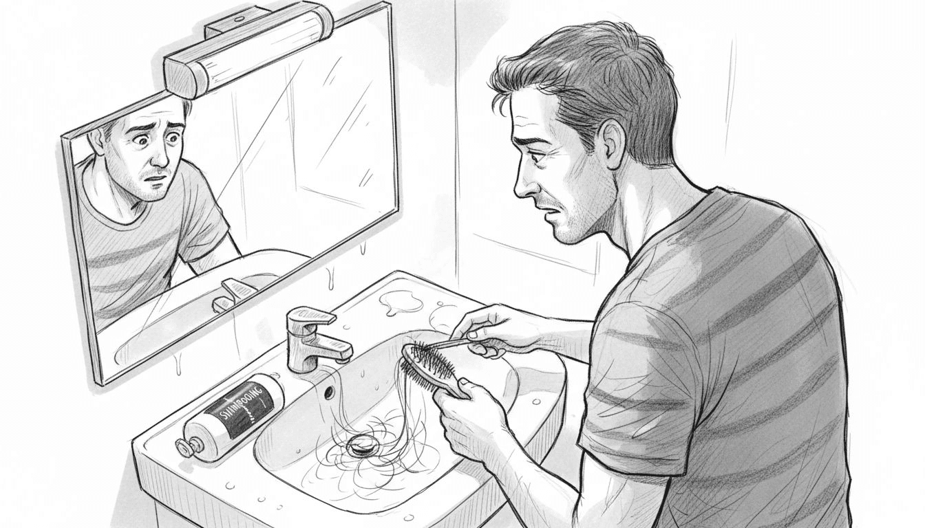 Un homme se tient devant le miroir de sa salle de bain, préoccupé en voyant ses cheveux tomber.