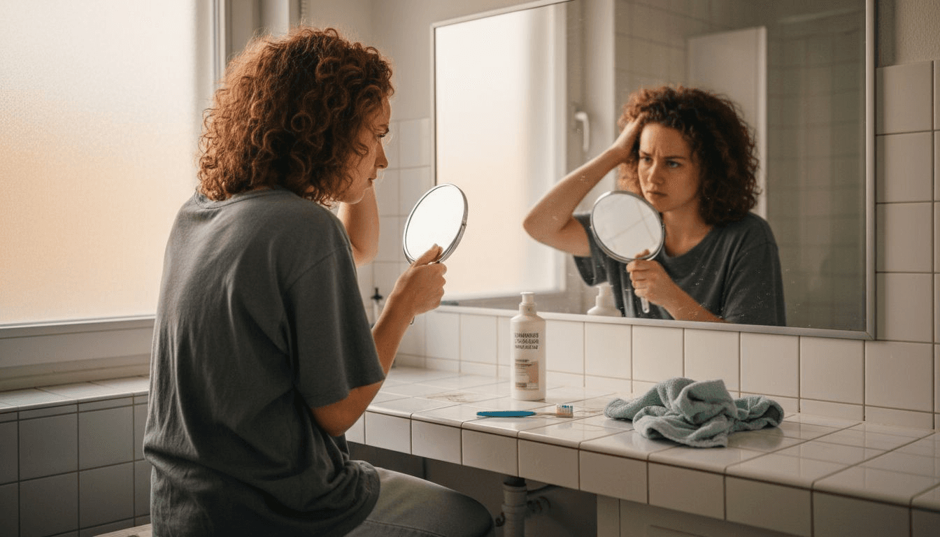 Eine Frau betrachtet im Badezimmer aufmerksam ihre Kopfhaut im Spiegel.
