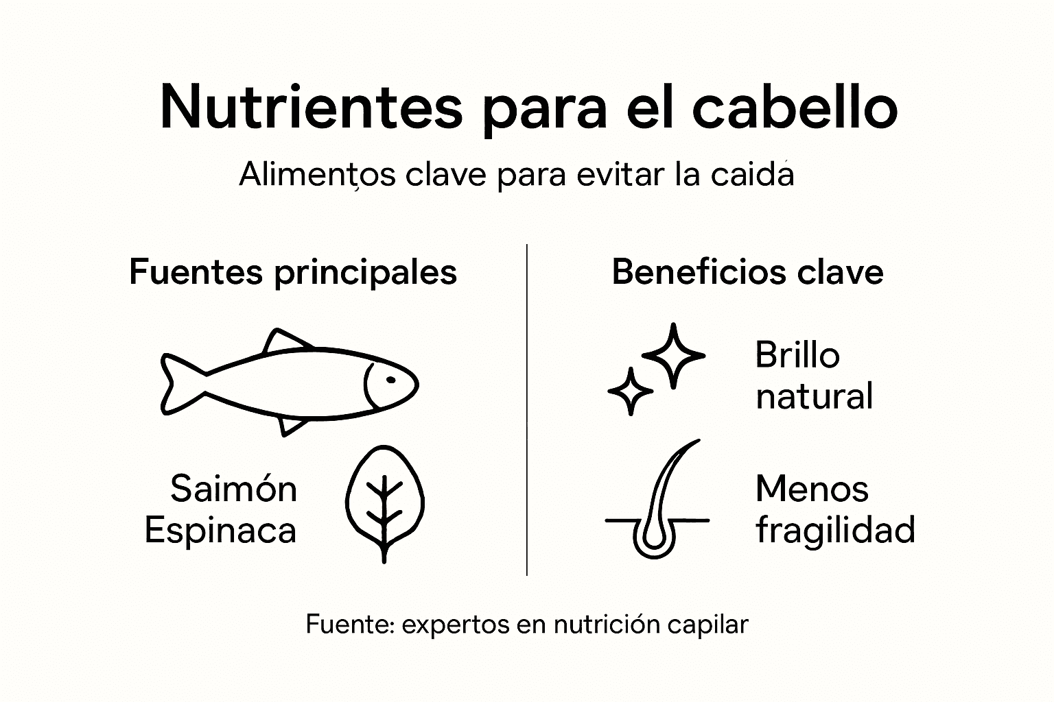 Guía visual sobre los nutrientes clave para el cabello y sus beneficios