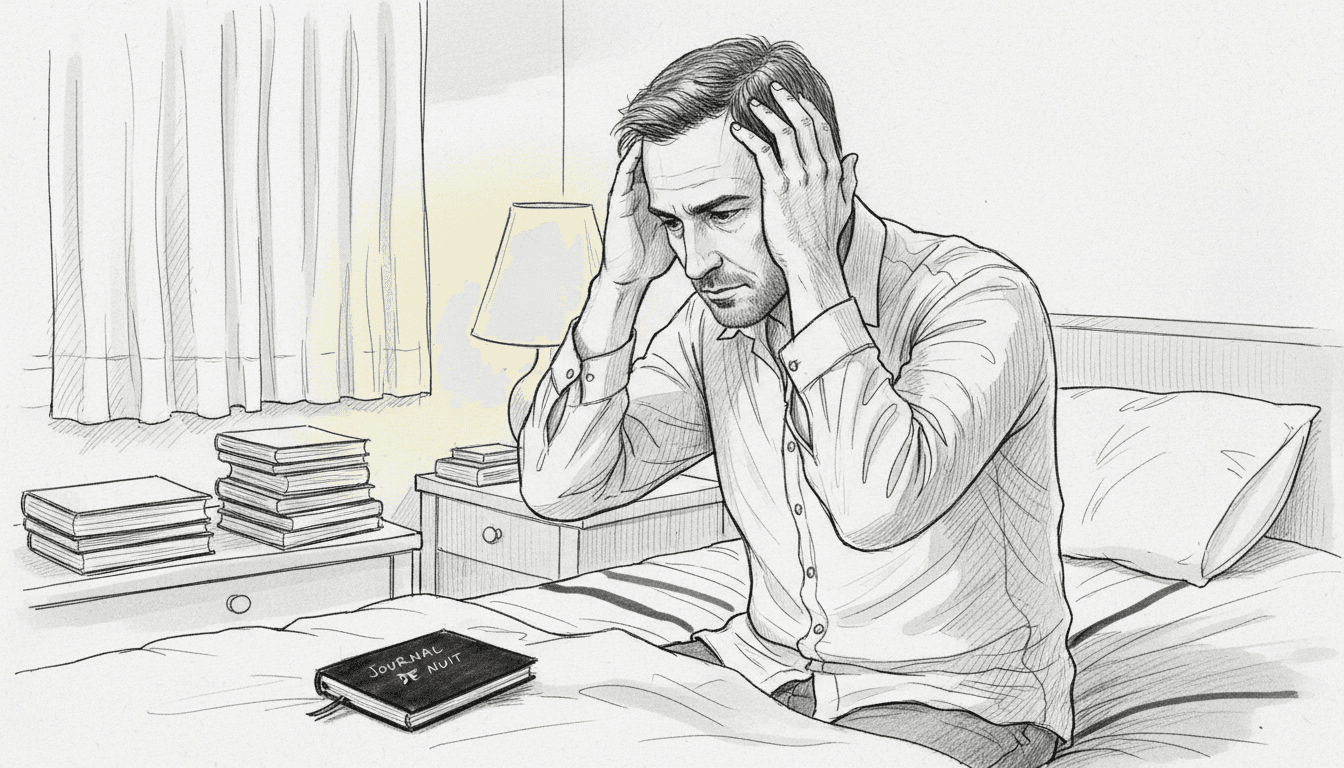 Un homme se masse le cuir chevelu, confortablement installé dans sa chambre.