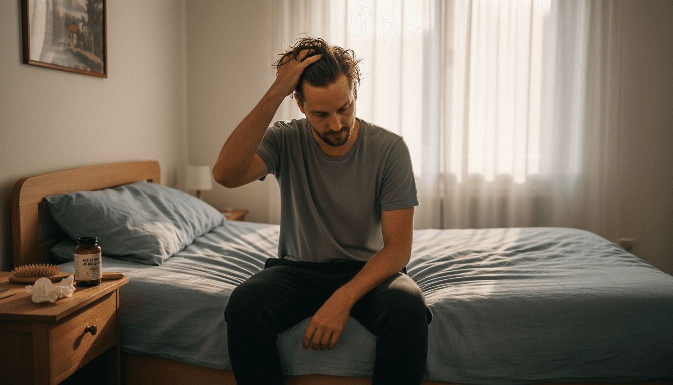 Ein Mann sitzt auf der Bettkante und bringt seine Haare in Ordnung.