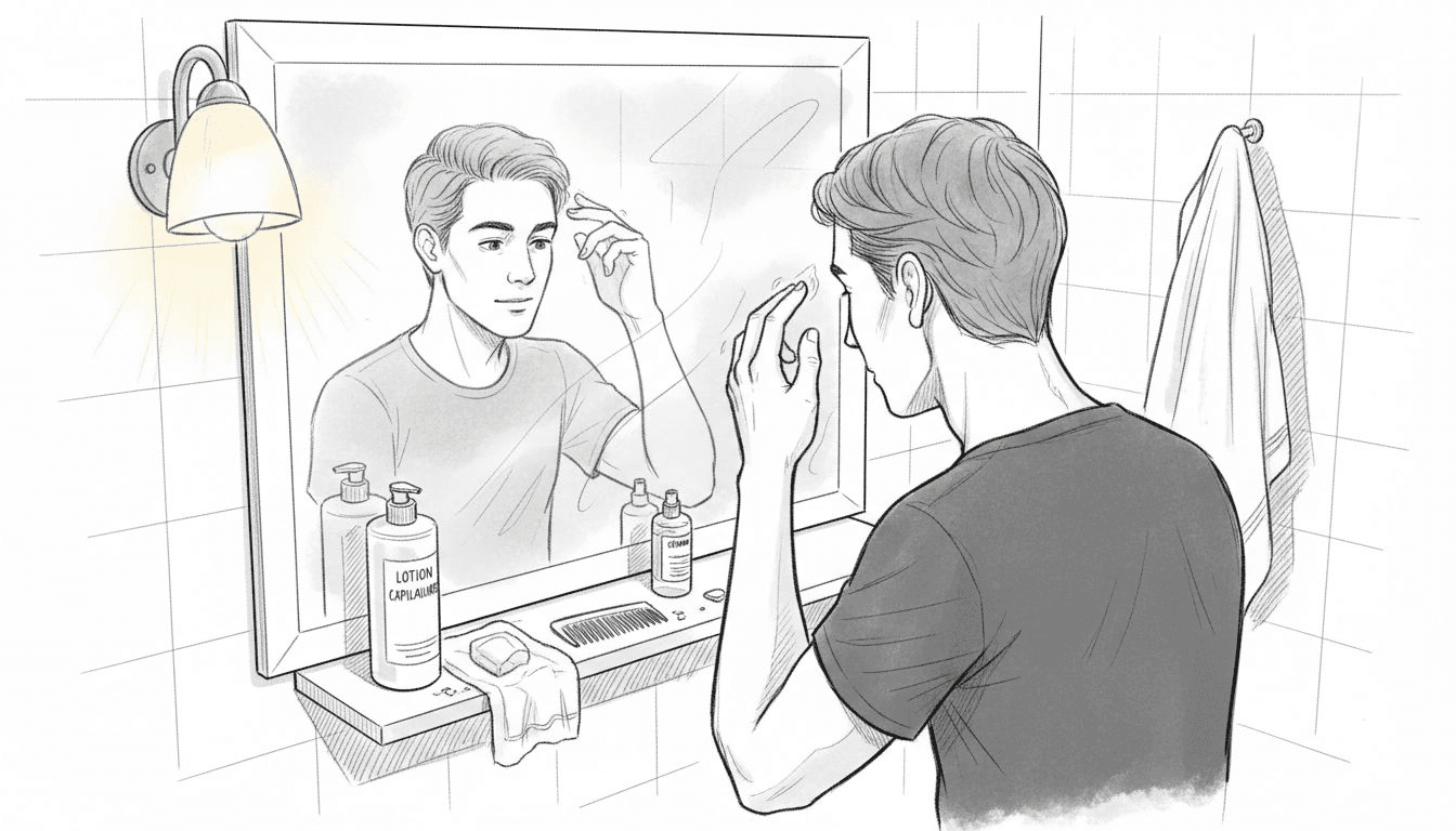 Un homme prend soin de ses cheveux en appliquant sa propre lotion capillaire faite maison.