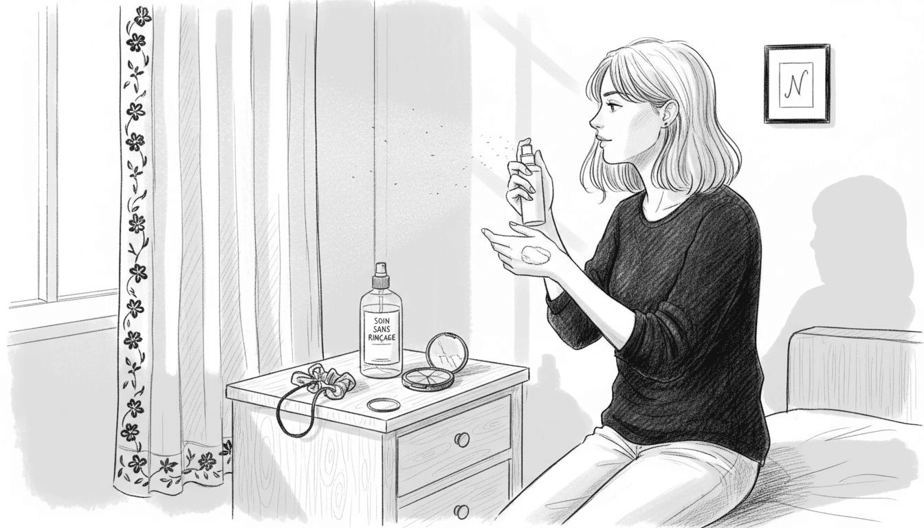 Une femme vaporise légèrement les pointes de ses cheveux.