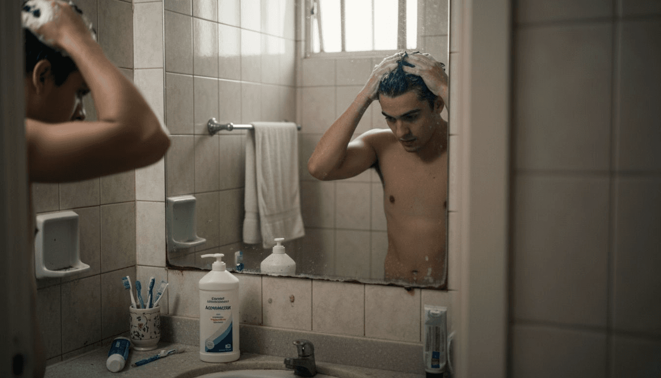 Un hombre se arregla el cabello aplicándose un producto capilar frente al espejo de su baño en casa.