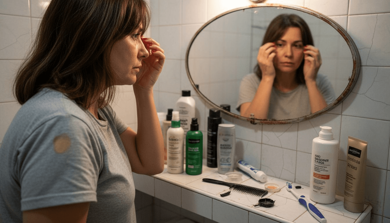 Mujer revisando su nacimiento del cabello frente al espejo en casa