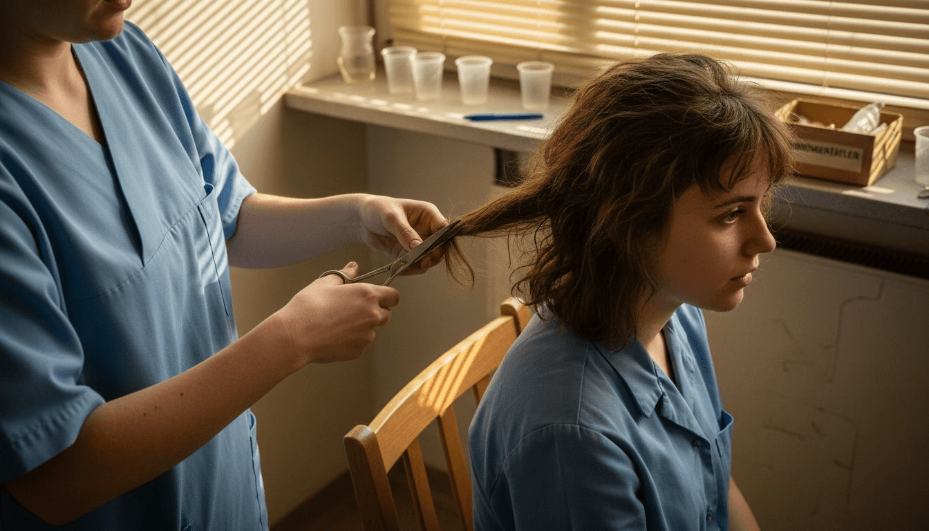 Eine Pflegekraft entnimmt dem Patienten eine Haarprobe zur Untersuchung.