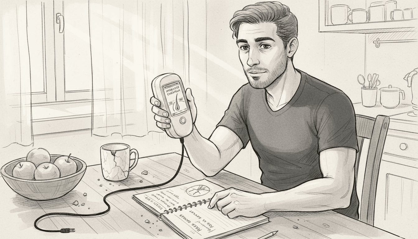 Assis à la table de la cuisine, un homme passe un appareil électronique dans ses cheveux.