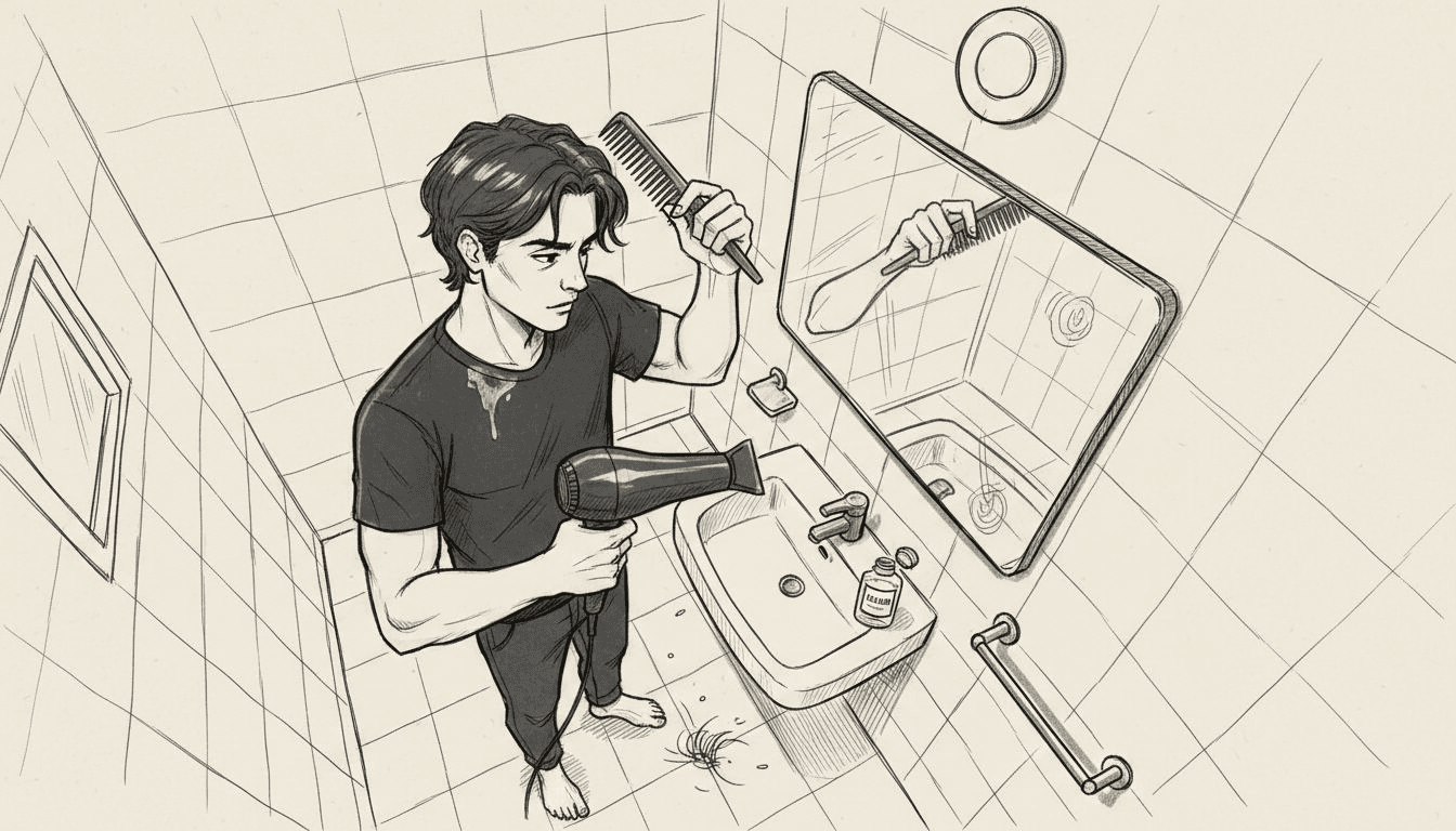 Un homme prend soin de sa coiffure à l’aide de différents accessoires de stylisme.