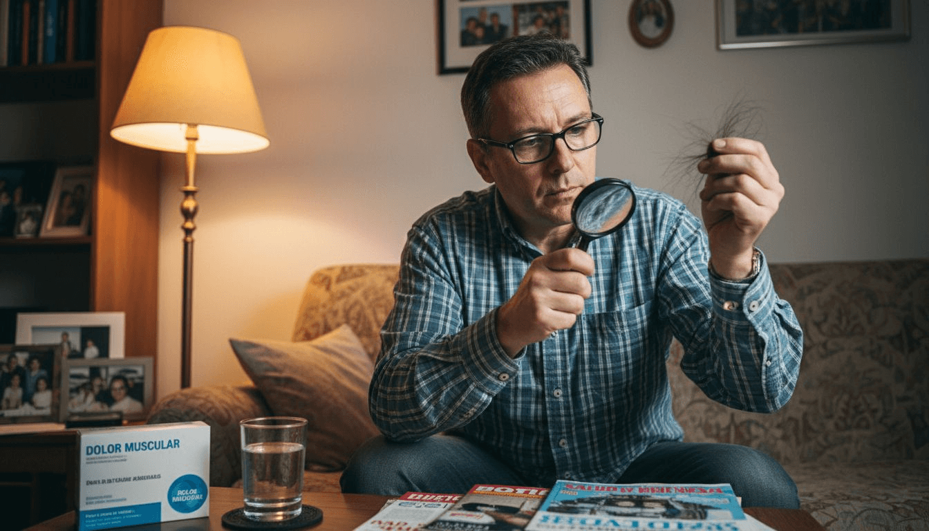 Un hombre examina su cabello detenidamente con una lupa mientras está sentado en la sala de estar.