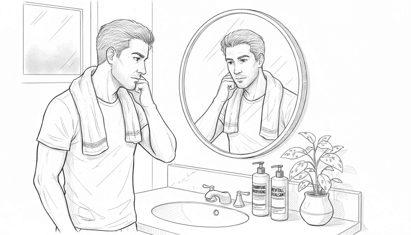 Un homme examine ses cheveux devant le miroir de la salle de bain.