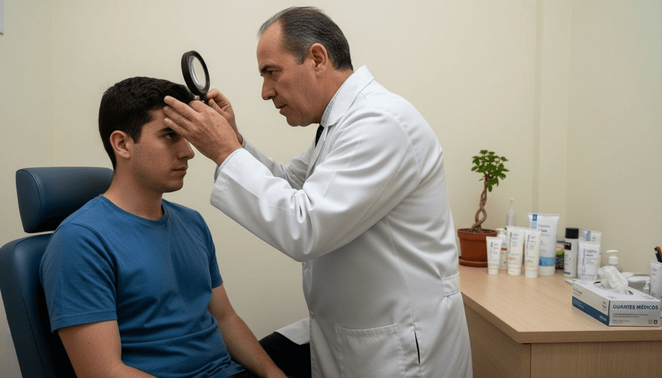 El dermatólogo revisa el estado del cuero cabelludo del paciente durante la consulta.