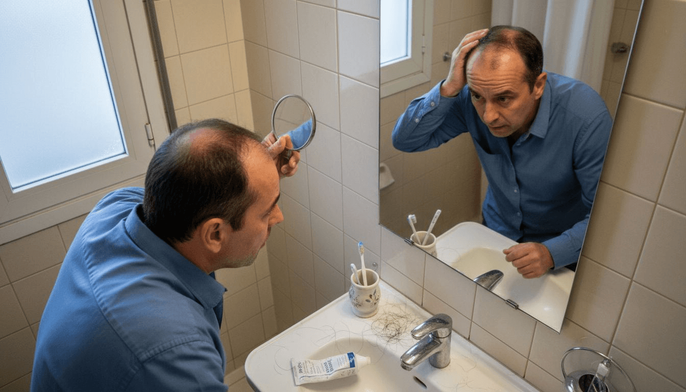 Hombre revisando una zona de calvicie en su cabeza