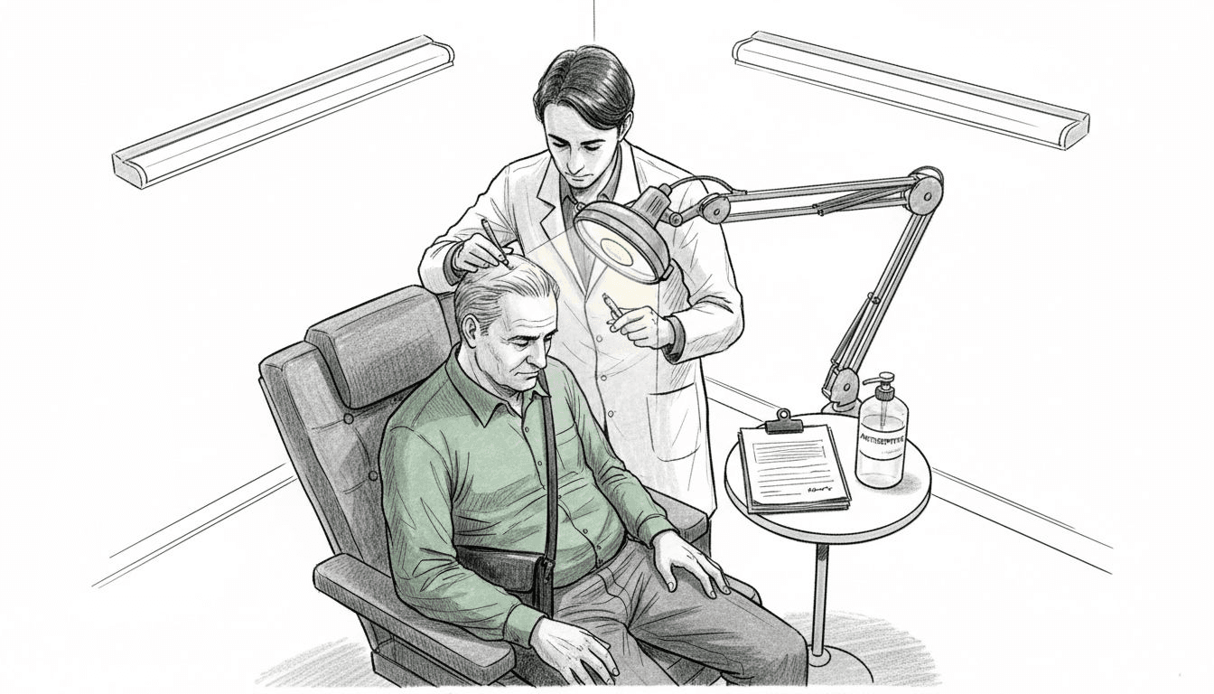 Un dermatologue en consultation en train d’examiner le cuir chevelu d’un patient.