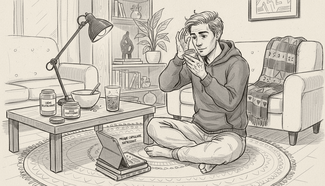 Un homme prend soin de ses cheveux en appliquant un masque capillaire, installé confortablement dans son salon douillet.