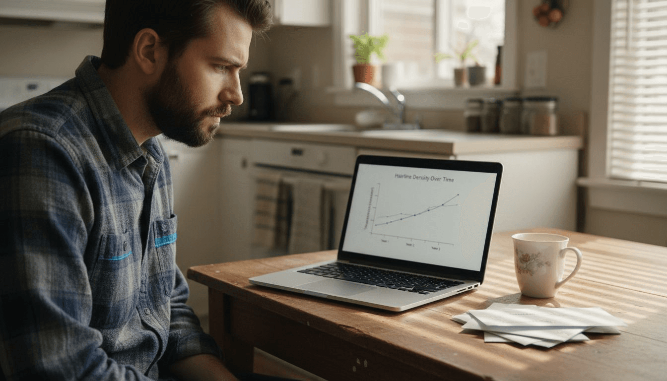 Man reviews hair scan on laptop at table