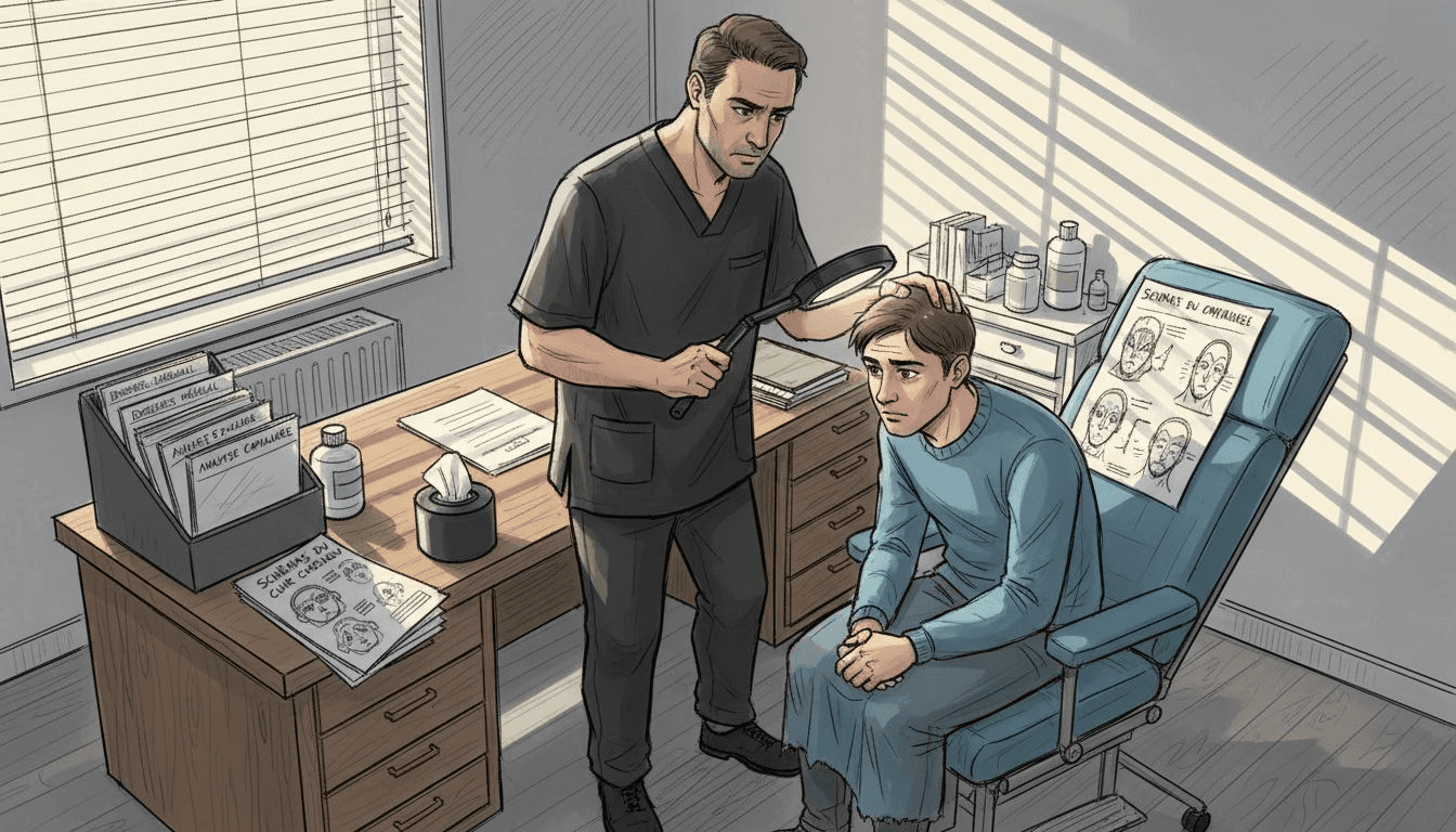 Un spécialiste du cuir chevelu procède à un examen approfondi de la santé capillaire de son patient.