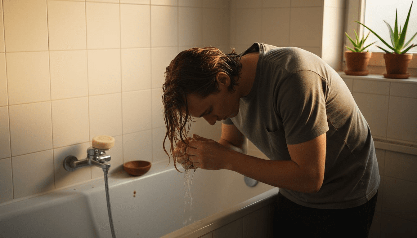Ein Mann wäscht seine Haare gründlich mit Haarseife aus.