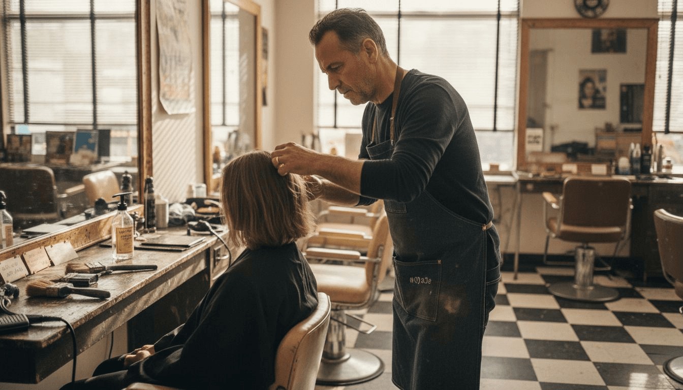 Hairdresser inspecting dry damaged hair in salon