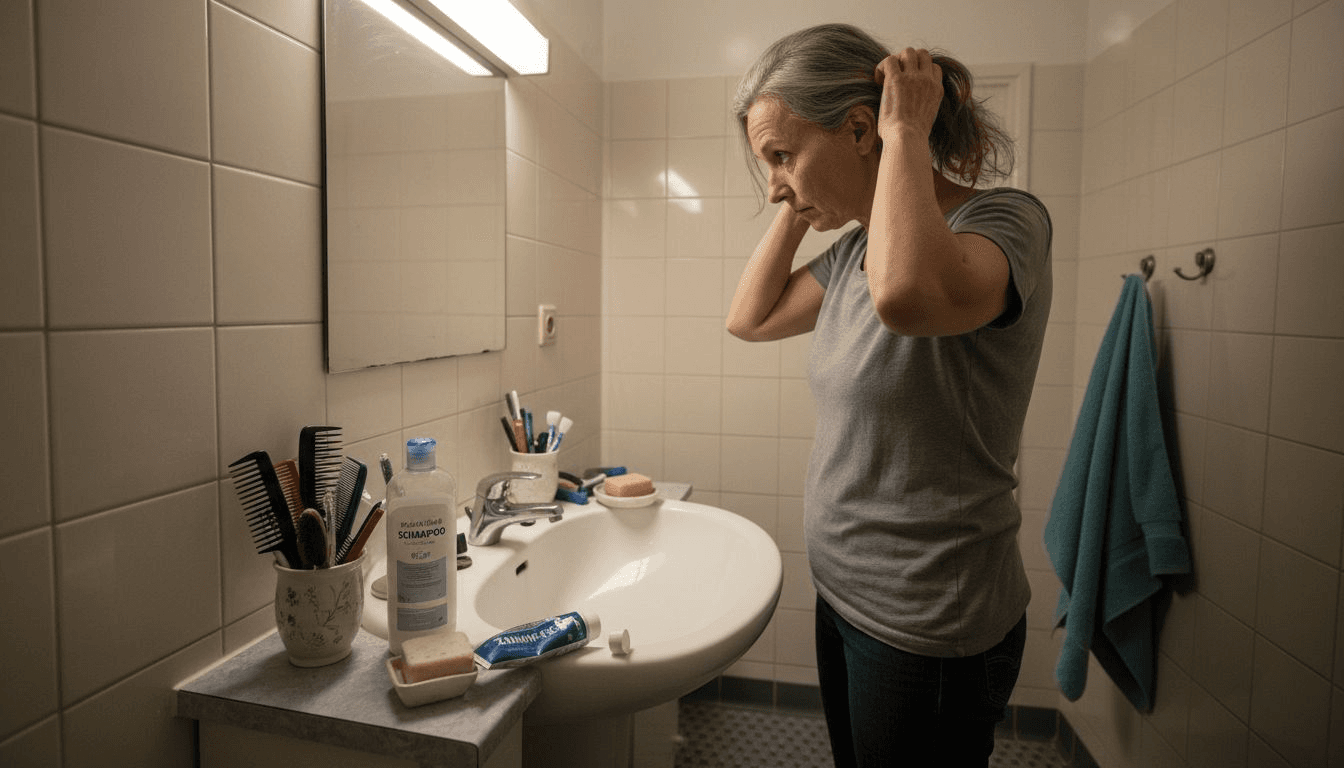 Eine Frau steht im Badezimmer und versucht, ihr dünner werdendes Haar zusammenzubinden.