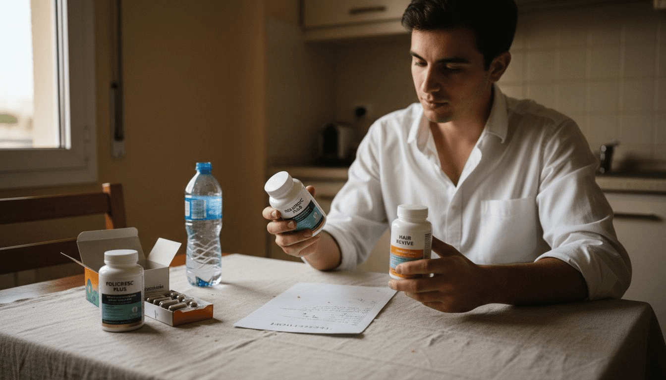 Una persona revisando y comparando las etiquetas de diferentes suplementos para el cabello antes de decidir cuál comprar.