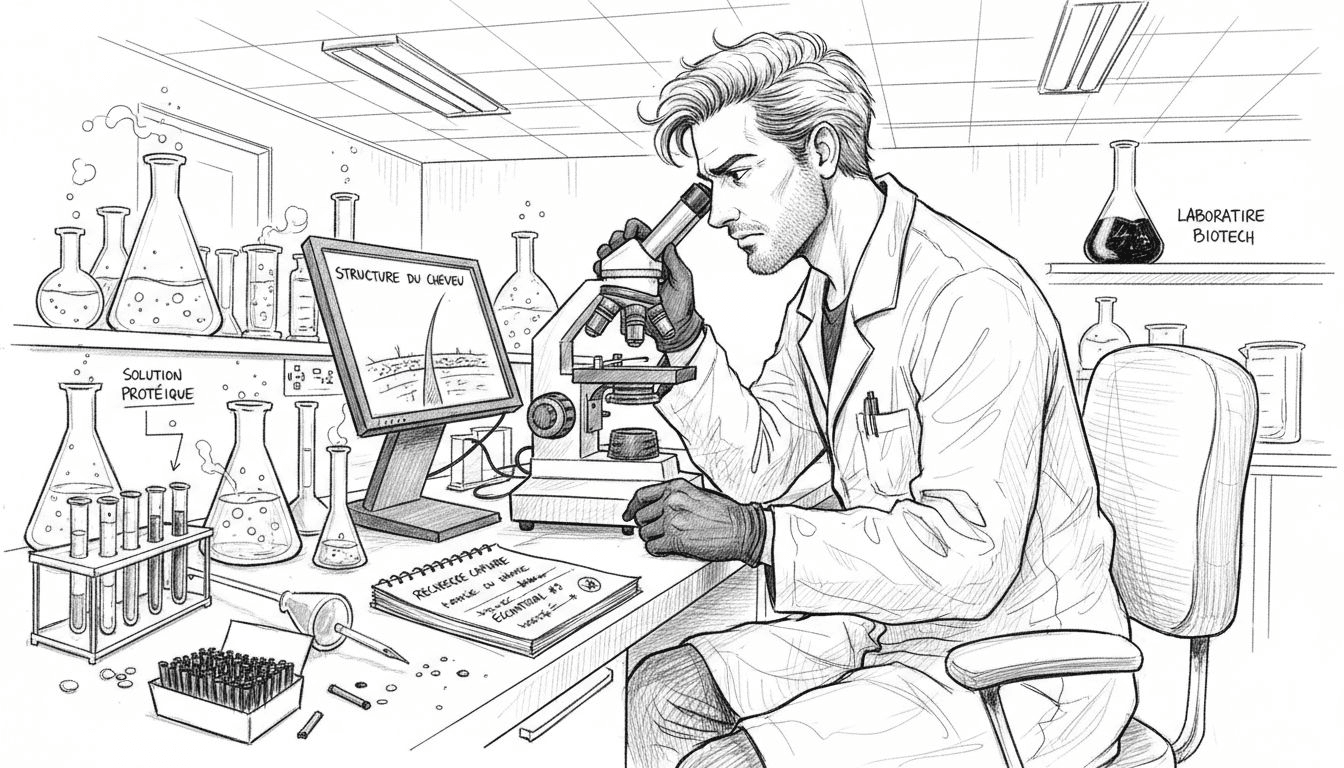 Un technicien examine la structure du cheveu au microscope pour en étudier les caractéristiques.
