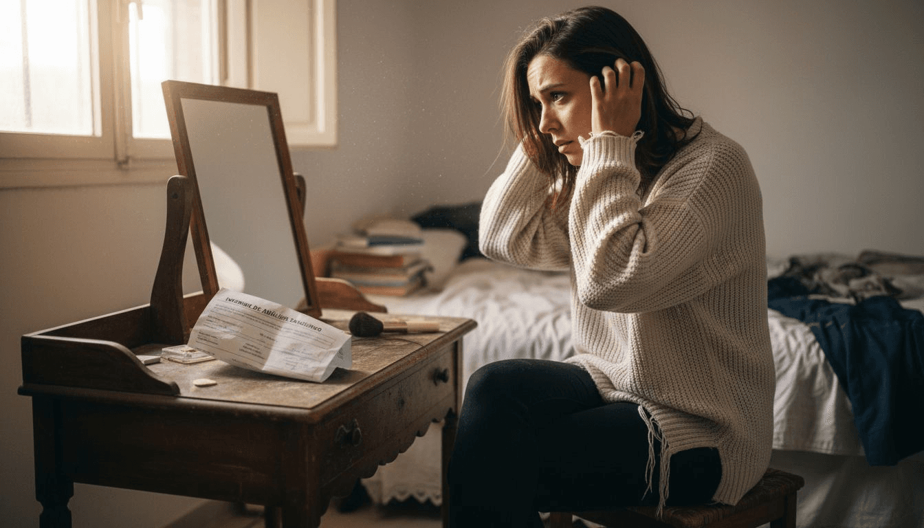 Una mujer observa preocupada cómo su cabello se va afinando mientras se mira en el espejo de su habitación.