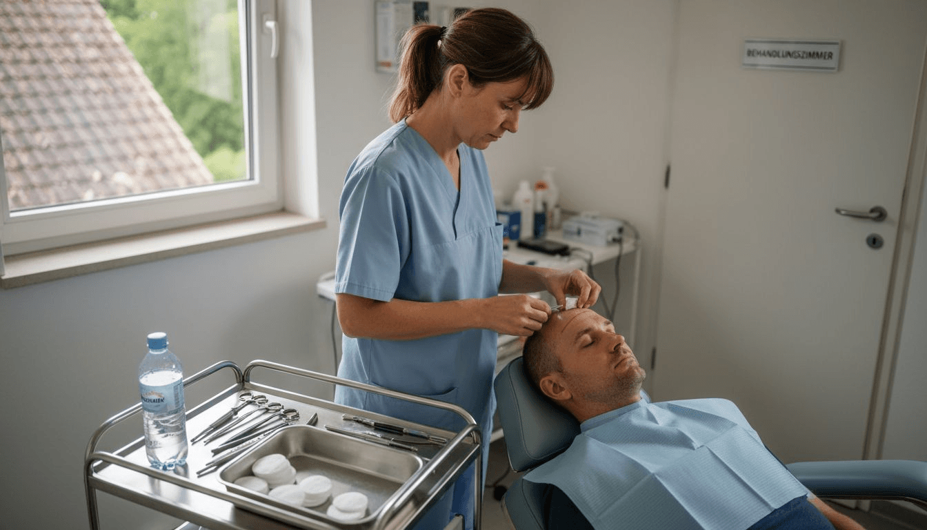 Eine Pflegekraft bereitet die Instrumente für eine FUE-Haartransplantation vor.