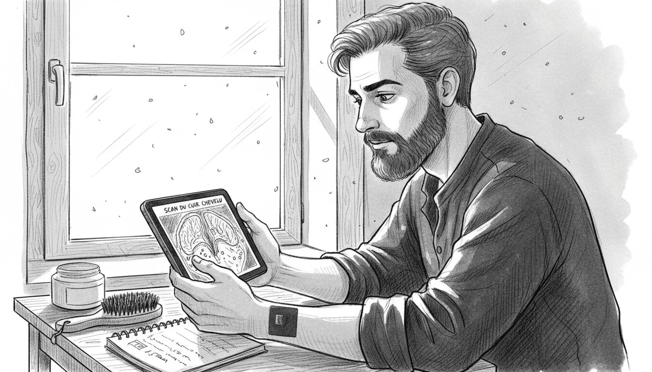 Un homme examine ses cheveux à l’aide d’une tablette équipée d’une technologie d’intelligence artificielle.