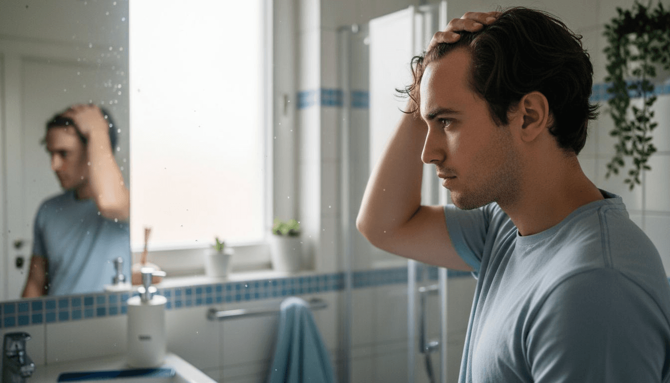 Detailaufnahme von ersten Anzeichen für Haarausfall am Oberkopf